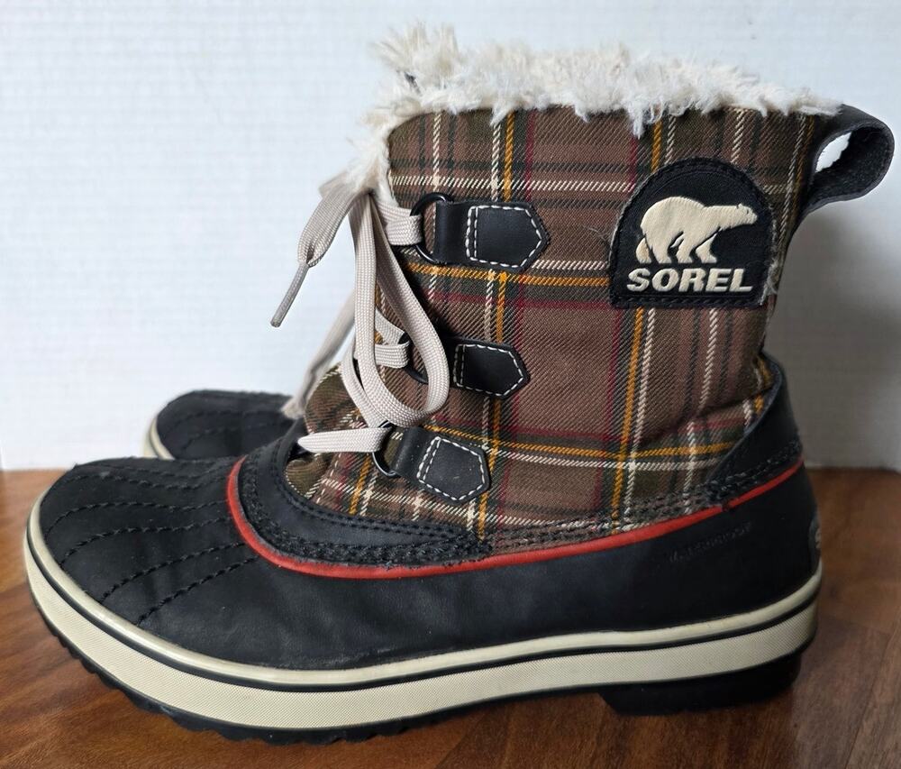 Sorel Tivoli Waterproof Winter Snow Boots Womens 9 Brown Plaid Faux Fur Lace Up